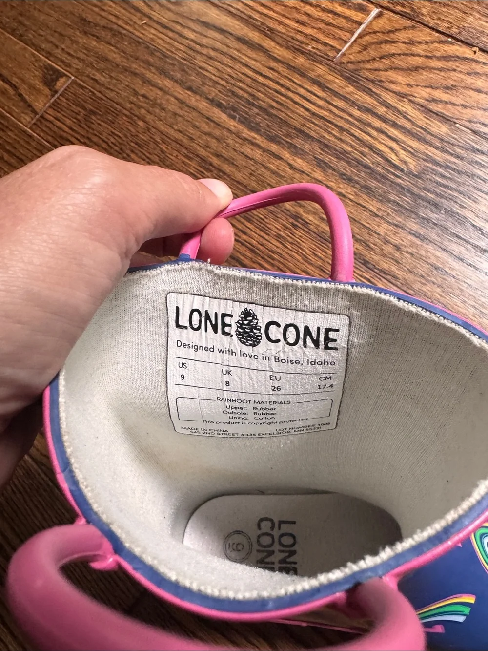 Kids Waterproof Rain Boots - Navy with Pink Trim and Rainbow Print
